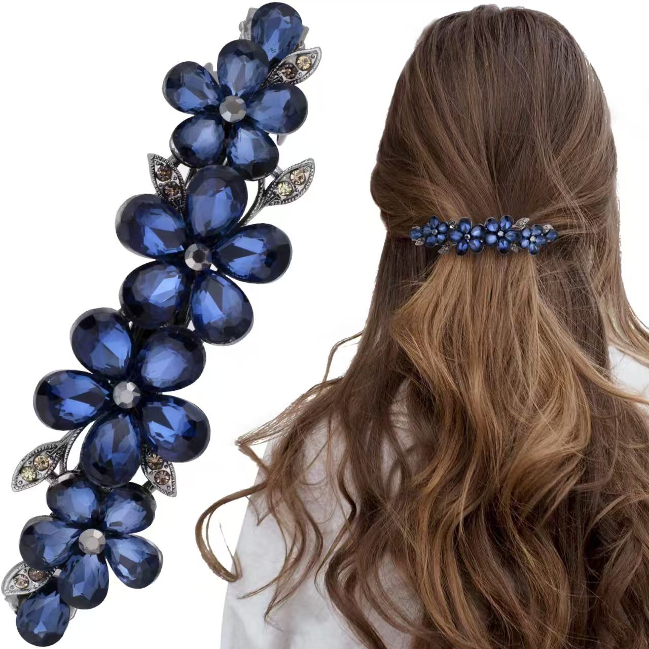 Hi Tech Accessories - Elegant Black Rhinestone Crystal Flower Spring